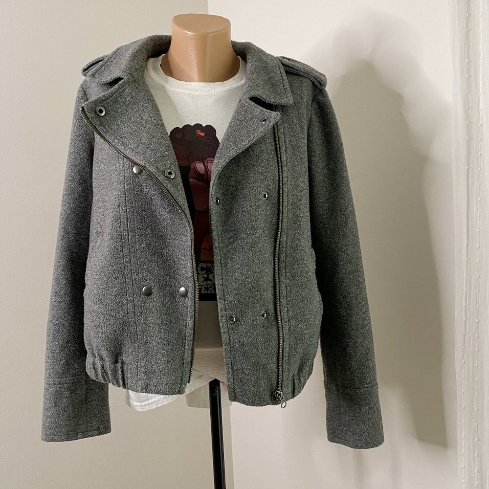 LOFT Gray Wool-look Moto Jacket Coat Hypoallergenic Sz L Great Condition Silver